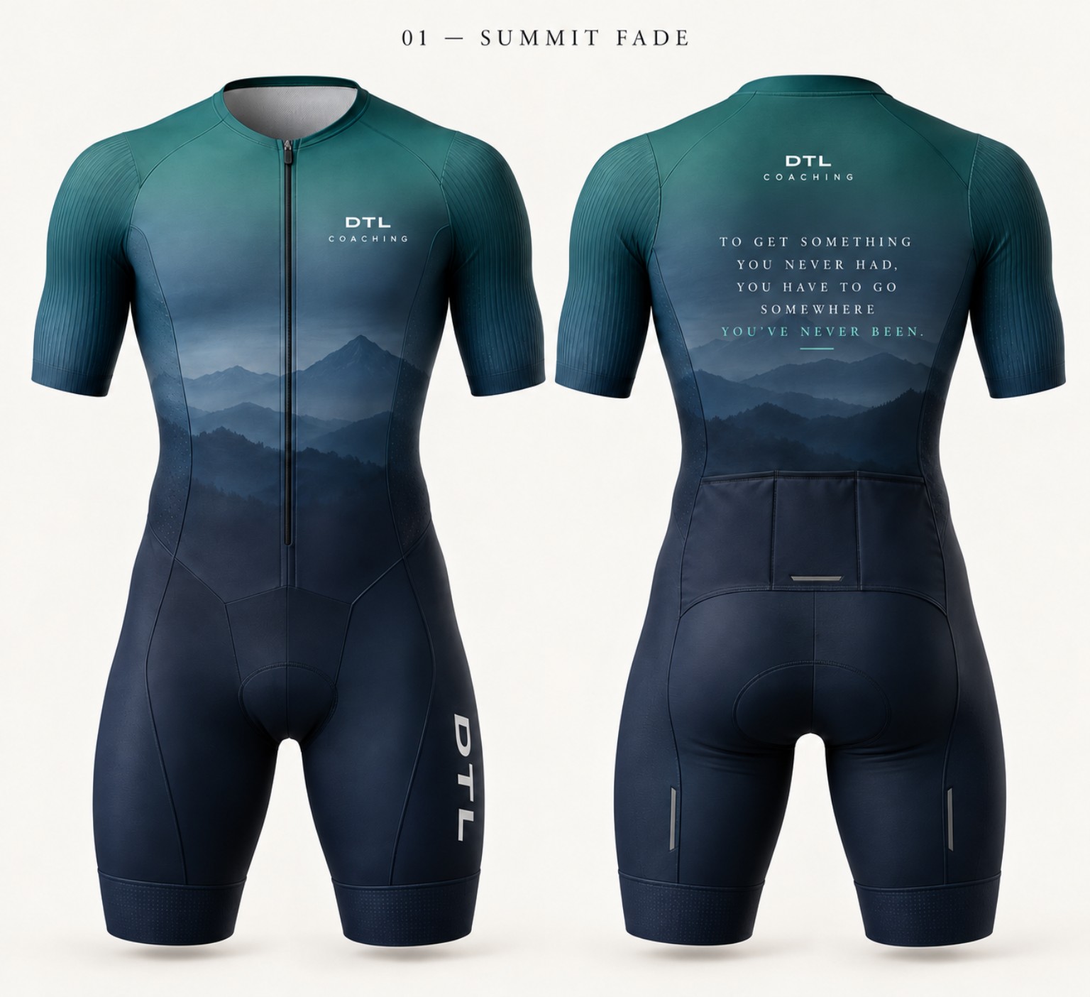 DTL Summit Fade triathlon suit in teal, front and back design mockup